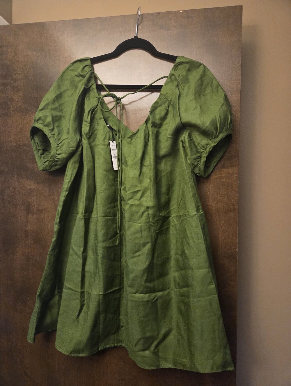 Green Puff Sleeve Linen Dress